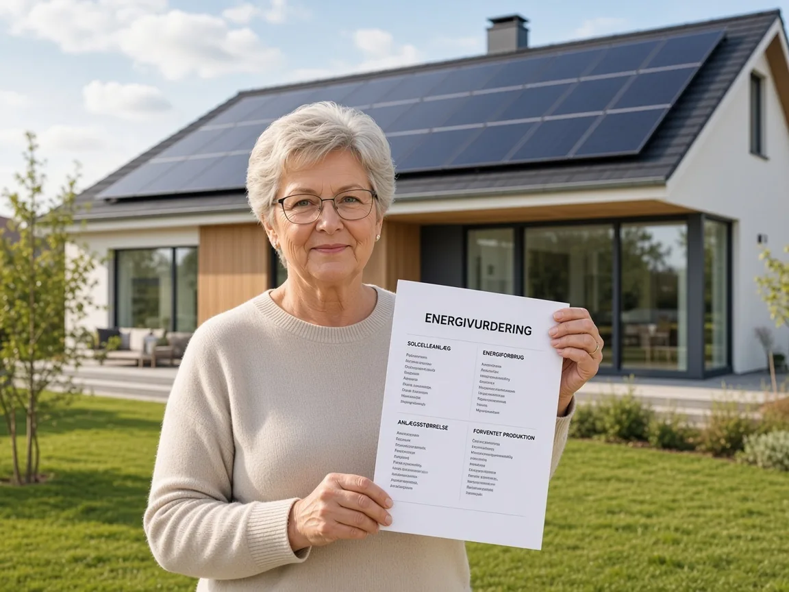 Boligejer med energivurdering foran hus med solceller