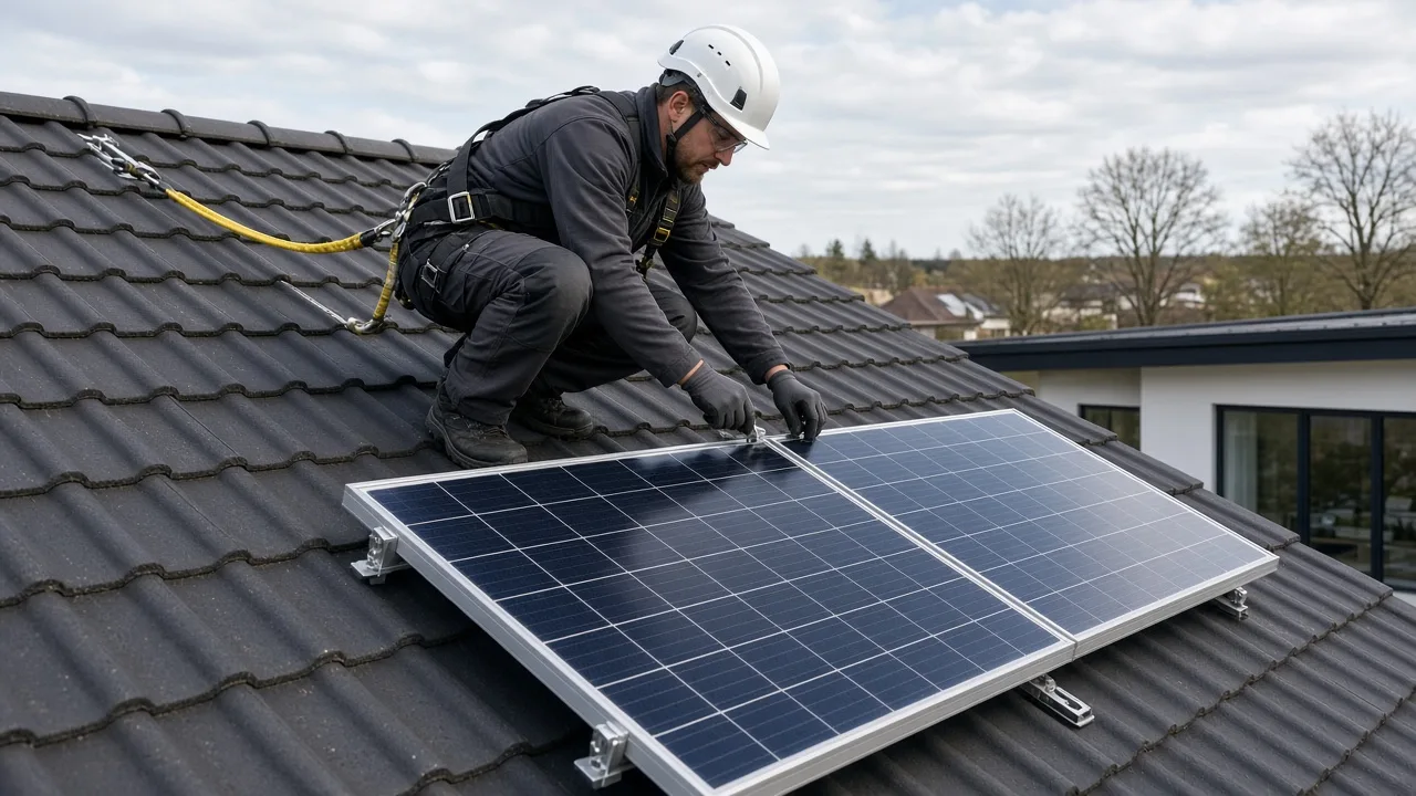 Tekniker installerer solcellepaneler på en bolig